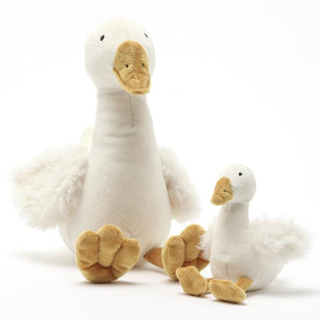 Two plush goose toys on a white background