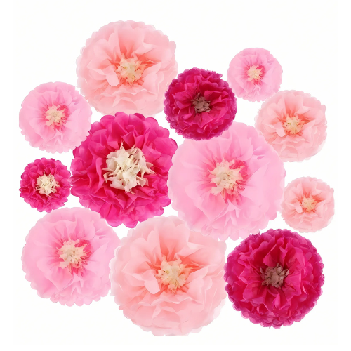 Pretty Pink Flower Garden Tissue Paper Pom Poms 12 pack