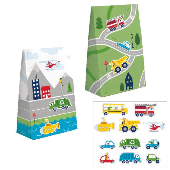 Transportation Time Paper Treat Bags With Stickers - Pack of 8