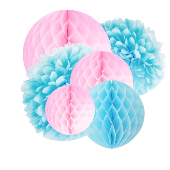 Baby Shower Tissue Paper Pom Poms & Honeycombs Decorations Mix