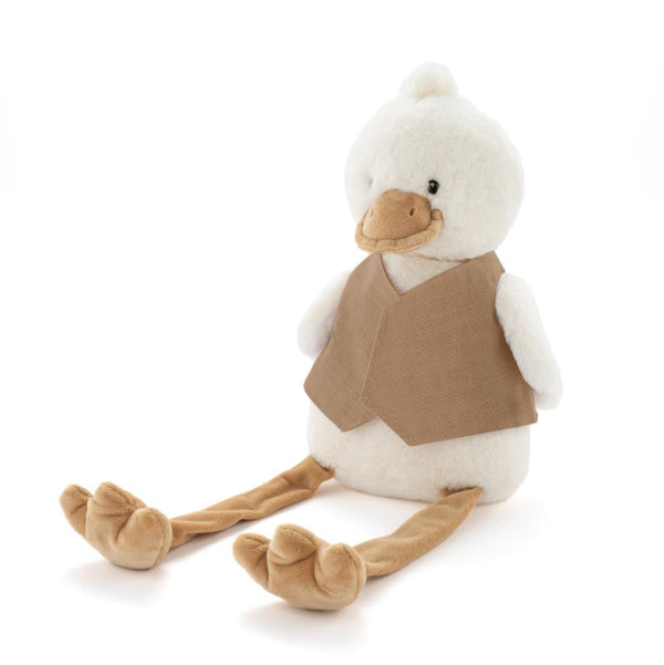 Plush toy duck with a brown vest on a white background
