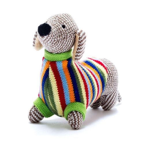 Knitted Organic Sausage Dog Baby Rattle Soft Toy  - Best Years