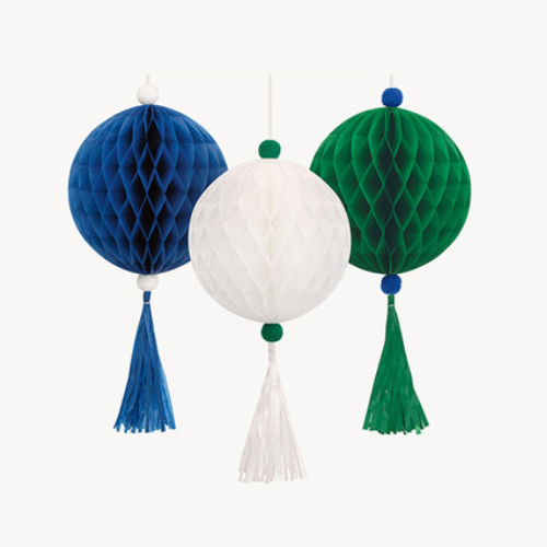 Blue, Green & White Honeycombs with Tassels Decorations Mix 3 pack