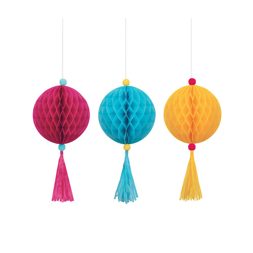 Pink ,Yellow & Aqua Blue Honeycombs with Tassels Decorations Mix