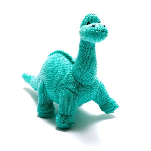 Knitted Diplodocus Dinosaur Baby Rattle - Ice Blue