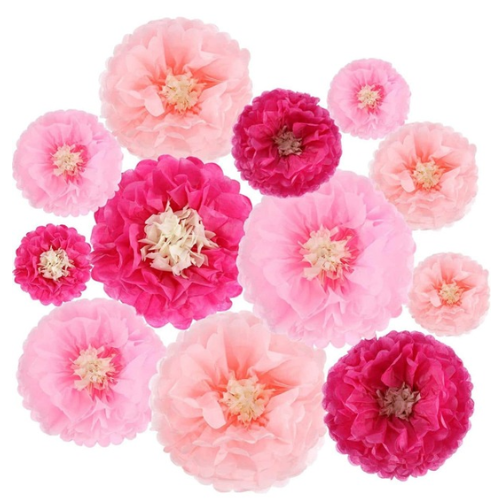 Pink Flower Garden Tissue Paper Pom Poms 12 pack