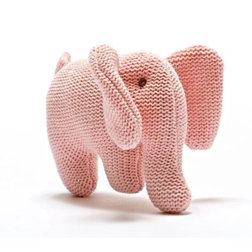 Knitted Organic Elephant Baby Rattle - Baby Pink