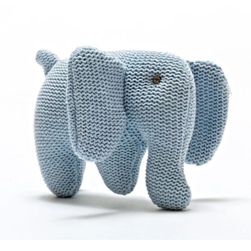 Knitted Organic Elephant Baby Rattle Soft Toy - Baby Blue