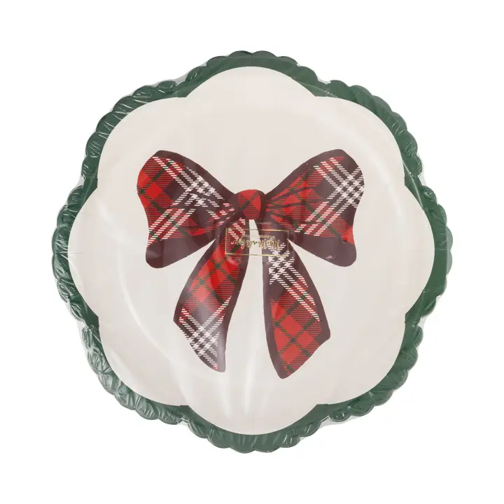 Christmas Plaid Bow Paper Party Plates – Pack of 8