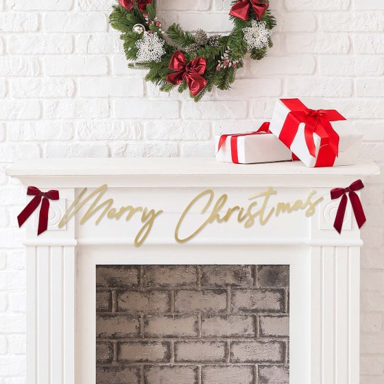 Merry Christmas Gold Banner with Red Velvet Bows