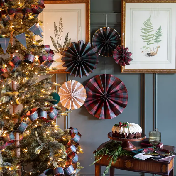 Christmas Red and Green Plaid Paper Fan Set – Set of 5