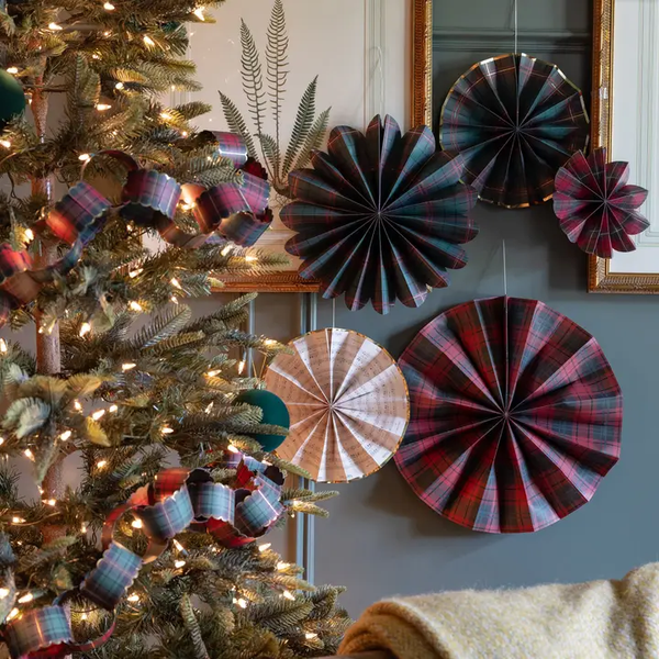 Christmas Red and Green Plaid Paper Fan Set – Set of 5