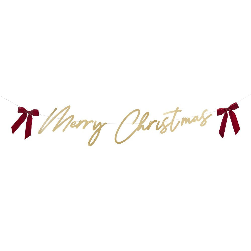 Merry Christmas Gold Banner with Red Velvet Bows